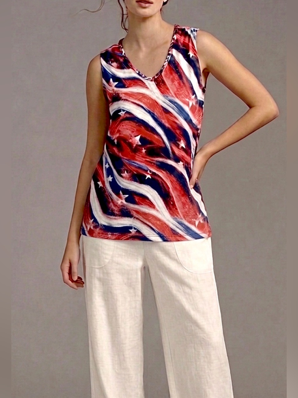 WOMEN PATRIOTIC SPARKLY STARS & STRIPES STRETCH TOP 2X/3X SLEEVELESS USA $45 NWT